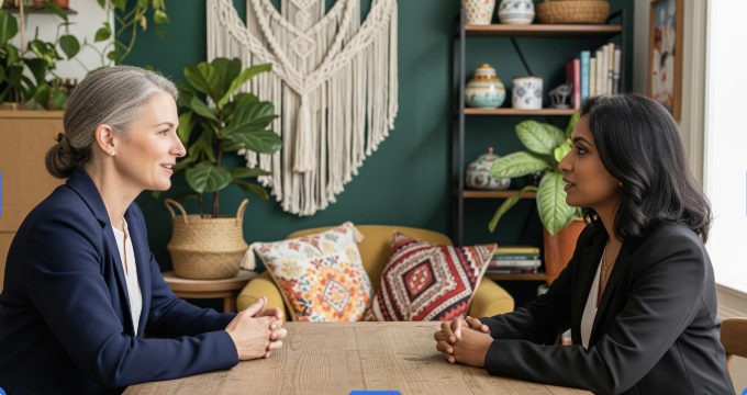 One-to-one leadership coaching session for women professionals in a supportive, purpose-driven setting